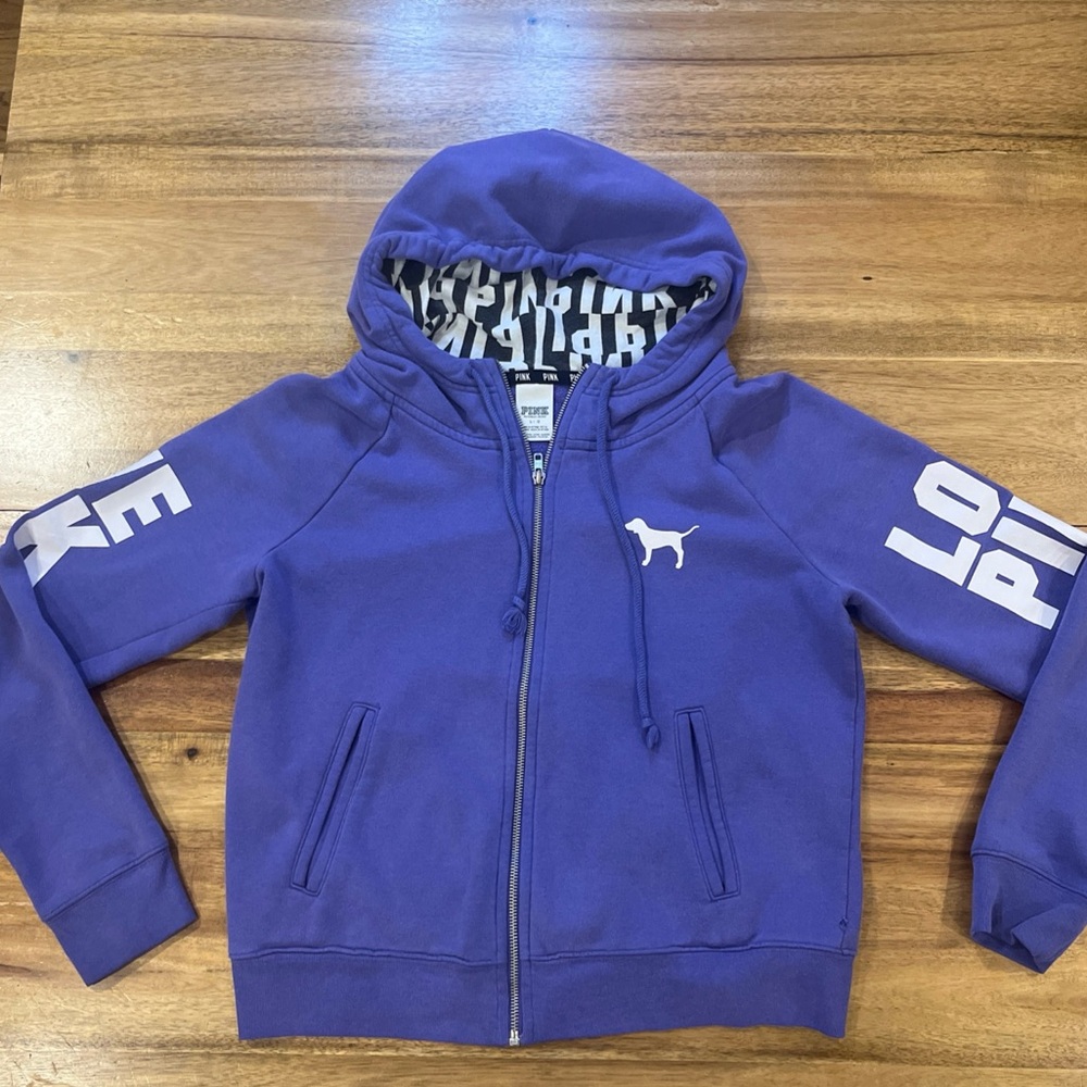 Victoria's Secret Women's Full Zip Hoodie Purple Love Pink Dog Logo L Y2K - Picture 1 of 9